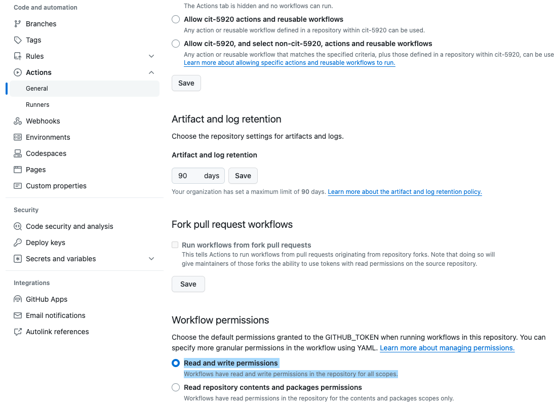 Screenshot of the GitHub Actions token permission configuration page