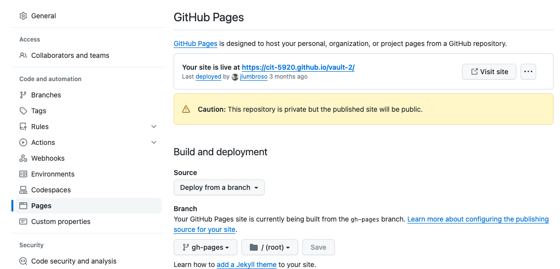 Screenshot of the GitHub Pages deployment panel