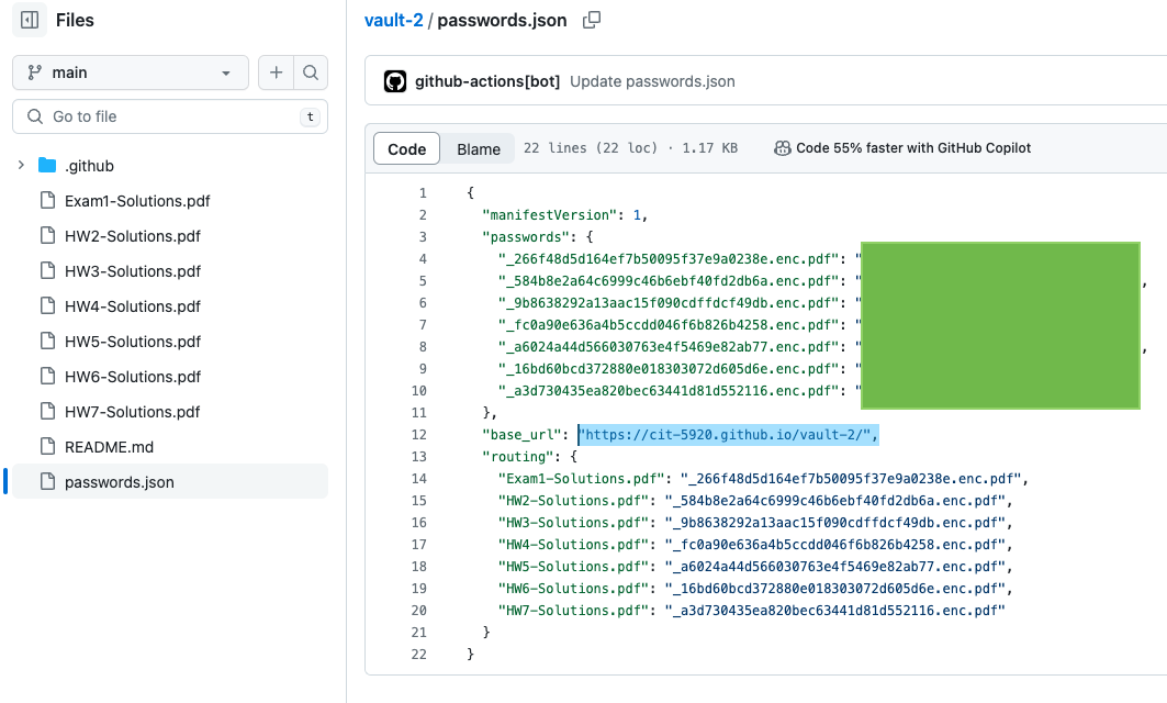 Screenshot of the redacted content of a passwords.json IntegriMark file